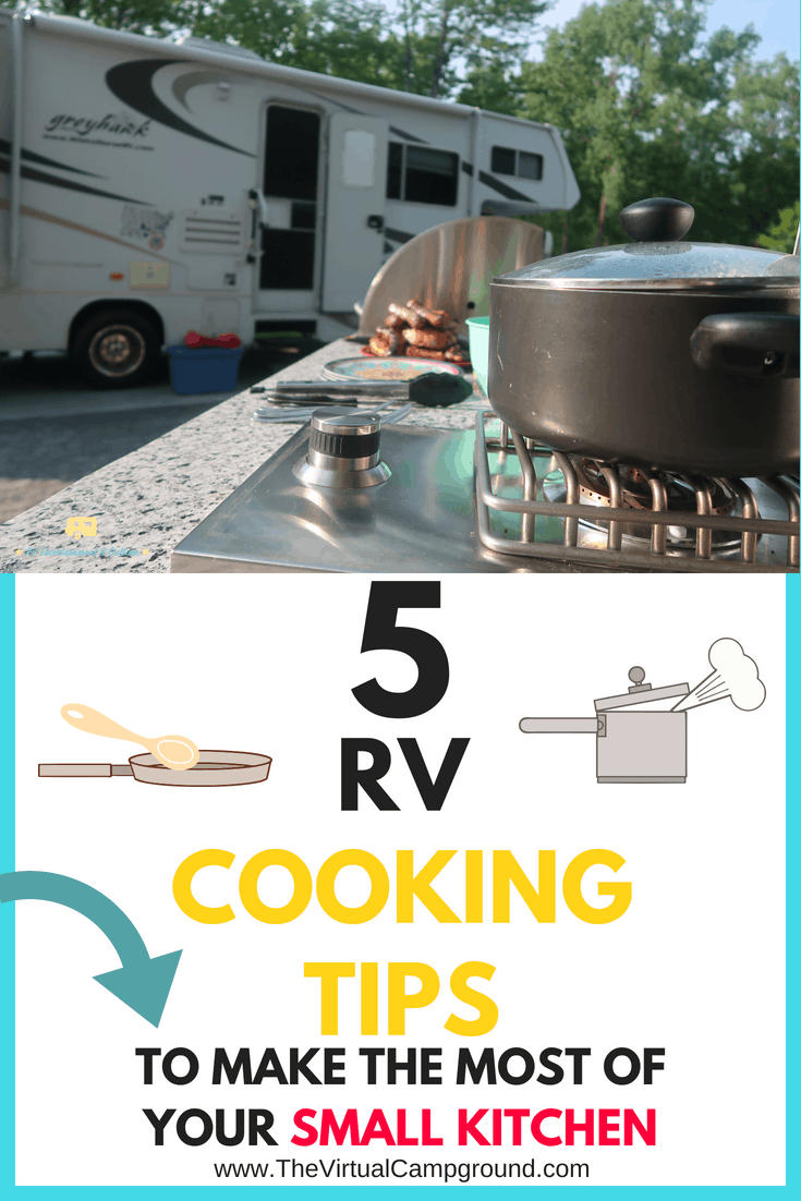 Easy RV cooking ideas to help you make the most of your small RV kitchen whether you live in a travel trailer or a camper. These RV kitchen hacks include meal planning, food prep, organizing your kitchen, outdoor eating, and one pot meals. | www.TheVirtualCampground.com #RVkitchen #mealplanning #foodprep #outdooreating #onepotmeals